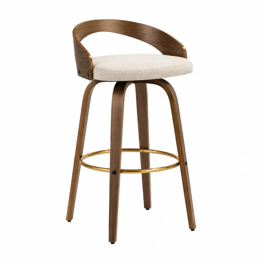 Sgabello da bar 50 cm x 52 cm x 95 cm in legno e tessuto beige con schienale curvo e anello poggiapiedi in metallo dorato