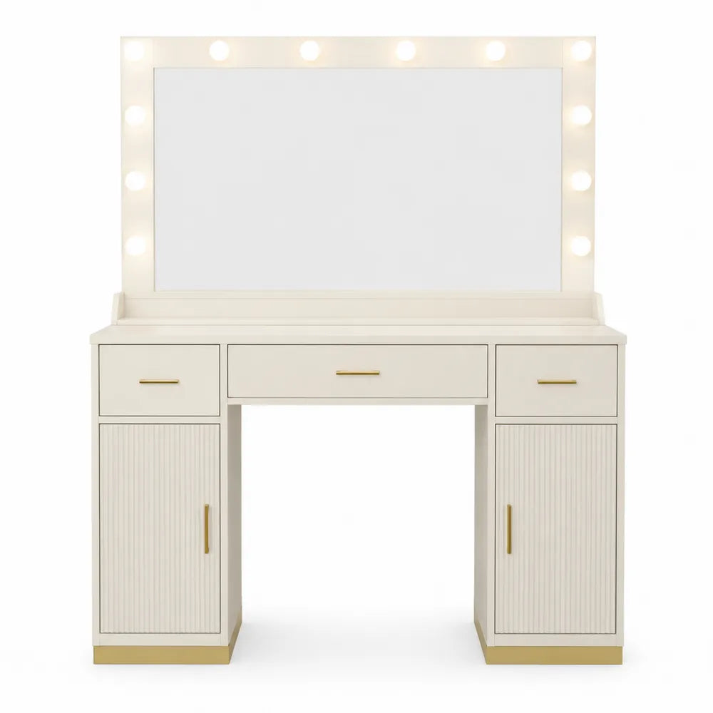 Toeletta trucco con specchio LED e luci integrate struttura in MDF finitura avorio 120 x 55 x 140 cm con cassetti e vano contenitore