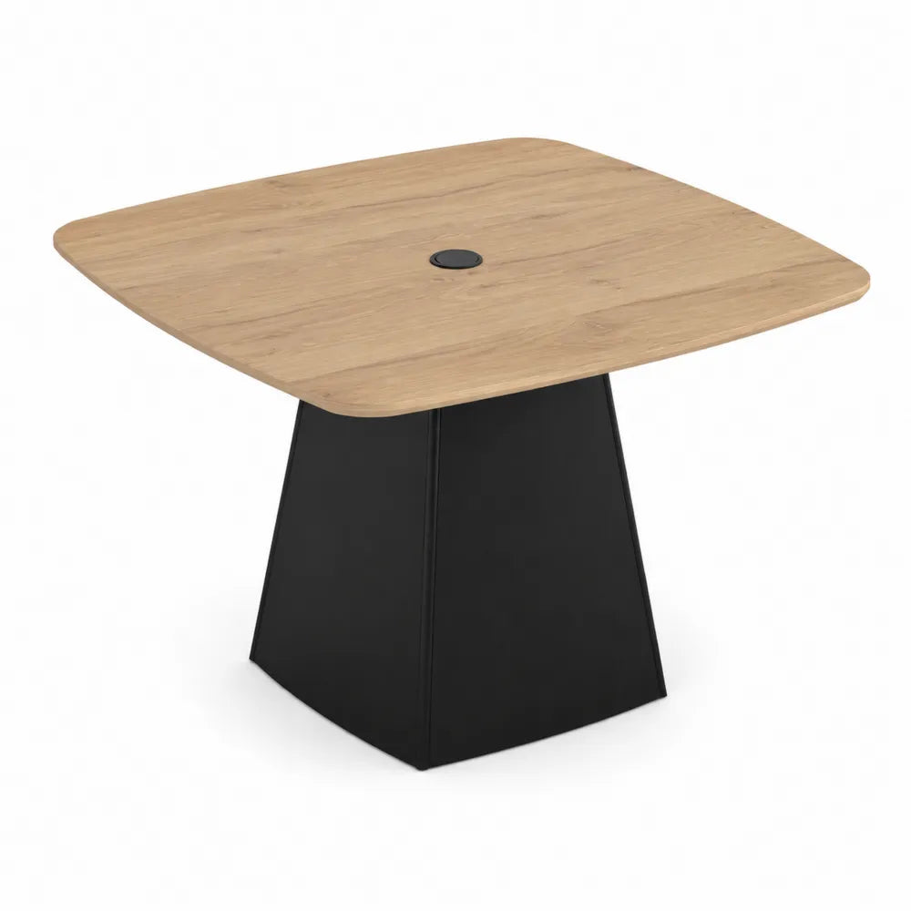 Tavolo da esterno quadrato piano effetto rovere con base centrale in acciaio nero e foro passacavi 70 cm x 70 cm x 75 cm