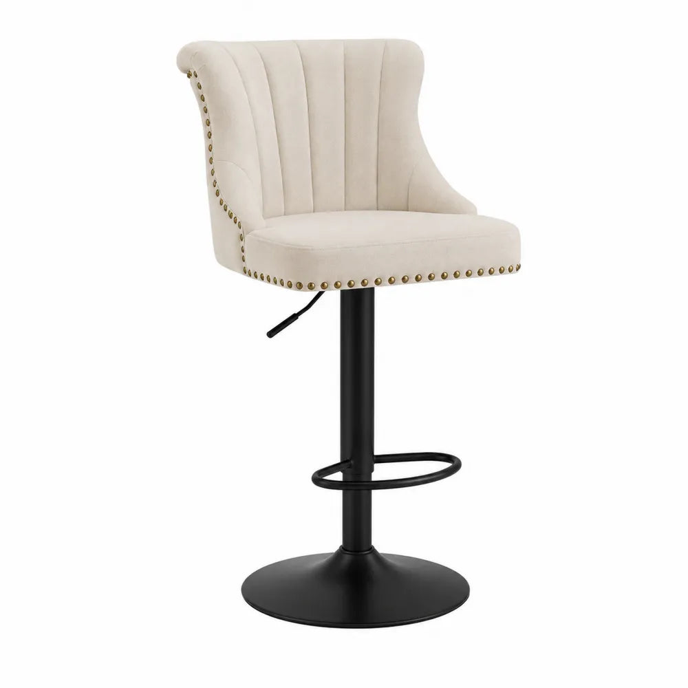 Sgabello da bar regolabile 55 cm x 50 cm x 90-110 cm in tessuto poliestere beige e acciaio nero con schienale curvo