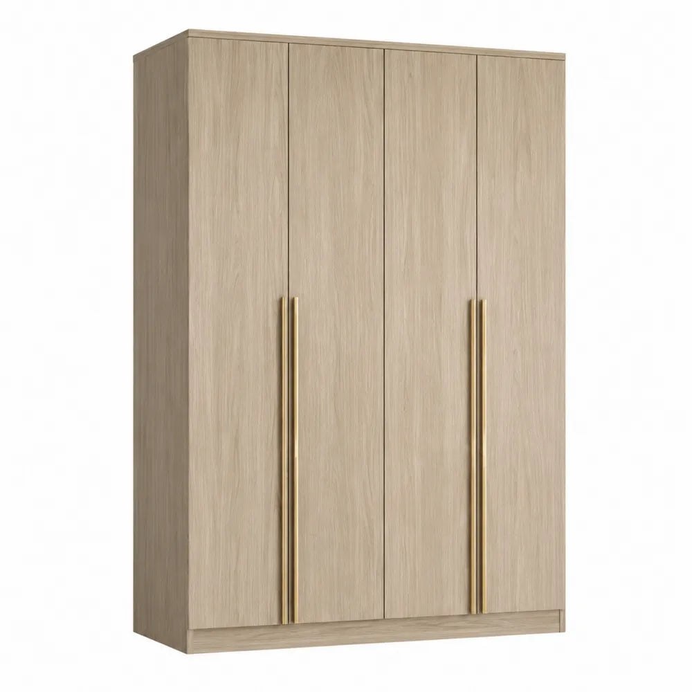 Armadio guardaroba rettangolare 160 x 55 x 200 cm in MDF e truciolare rovere chiaro con 4 ante e maniglie dorate