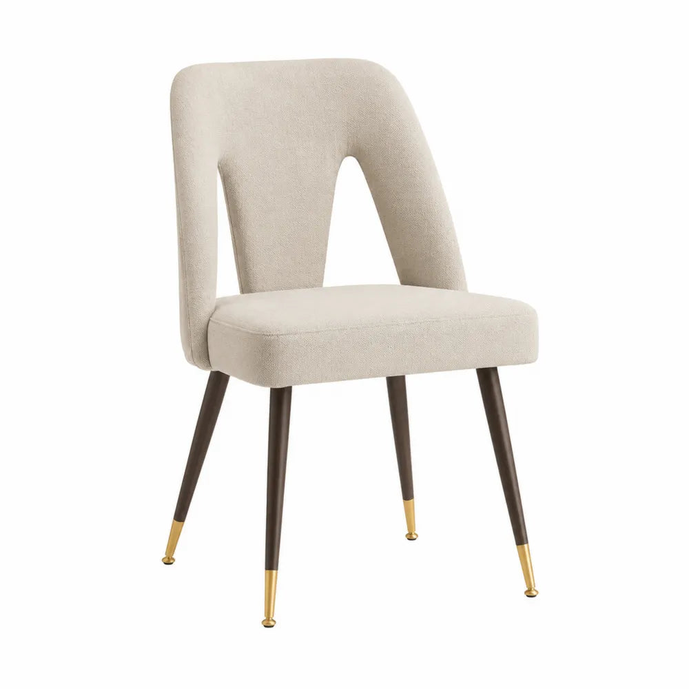Sedia da pranzo imbottita 52 x 58 x 85 cm in tessuto poliestere beige con schienale aperto gambe noce e puntali oro