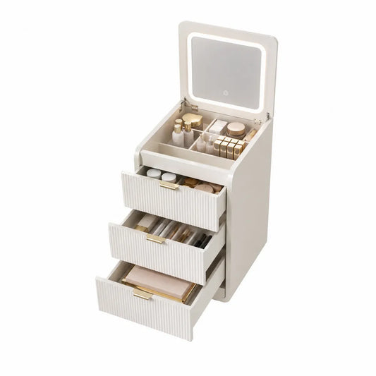 Toeletta trucco con specchio LED e 3 cassetti struttura in MDF finitura avorio e oro 80 x 40 x 120 cm