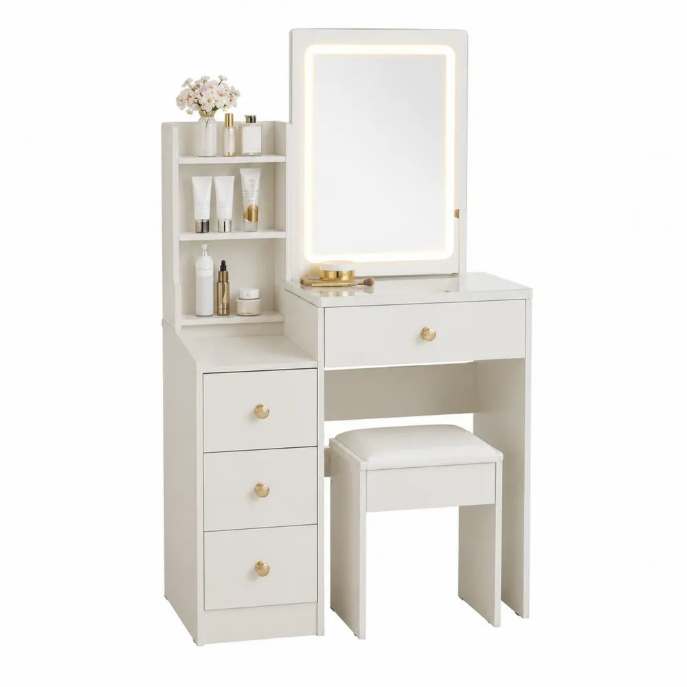 Toeletta rettangolare 100 x 40 x 135 cm in MDF bianco avorio con specchio LED cassetti ripiani e sgabello