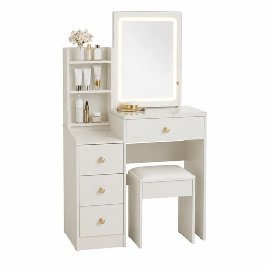 Toeletta rettangolare 100 x 40 x 135 cm in MDF bianco avorio con specchio LED cassetti ripiani e sgabello