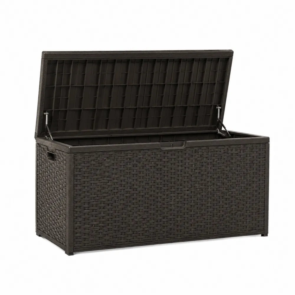 Baule contenitore da esterno rettangolare 150 x 60 x 85 cm in rattan sintetico PE marrone scuro e nero con coperchio ribaltabile