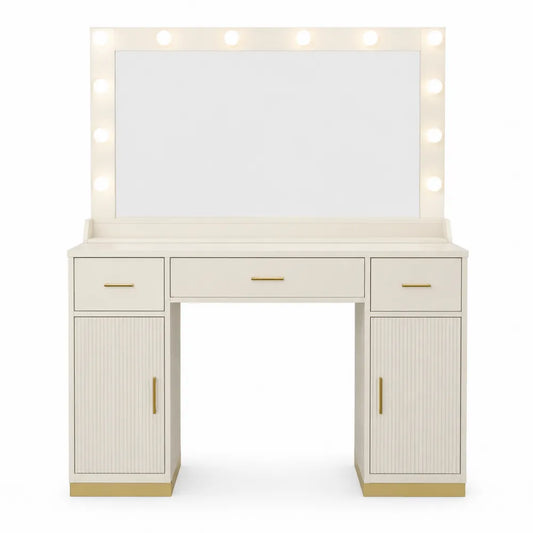 Toeletta trucco con specchio LED e luci integrate struttura in MDF finitura avorio 120 x 55 x 140 cm con cassetti e vano contenitore
