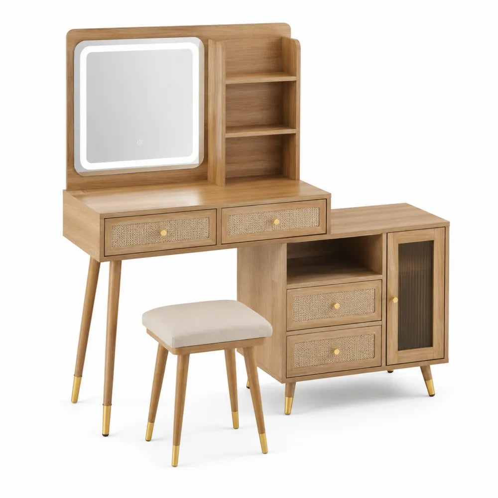 Toeletta trucco con specchio LED, cassetti, mobile laterale e sgabello in legno naturale 120 x 45 x 140 cm