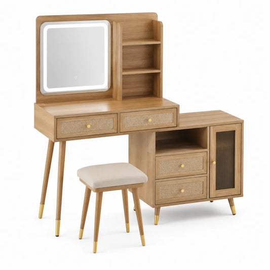Toeletta trucco con specchio LED, cassetti, mobile laterale e sgabello in legno naturale 120 x 45 x 140 cm