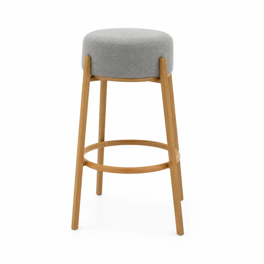 Sgabello da bar rotondo 40 cm x 40 cm x 75 cm con seduta imbottita grigia in poliestere e struttura in legno naturale