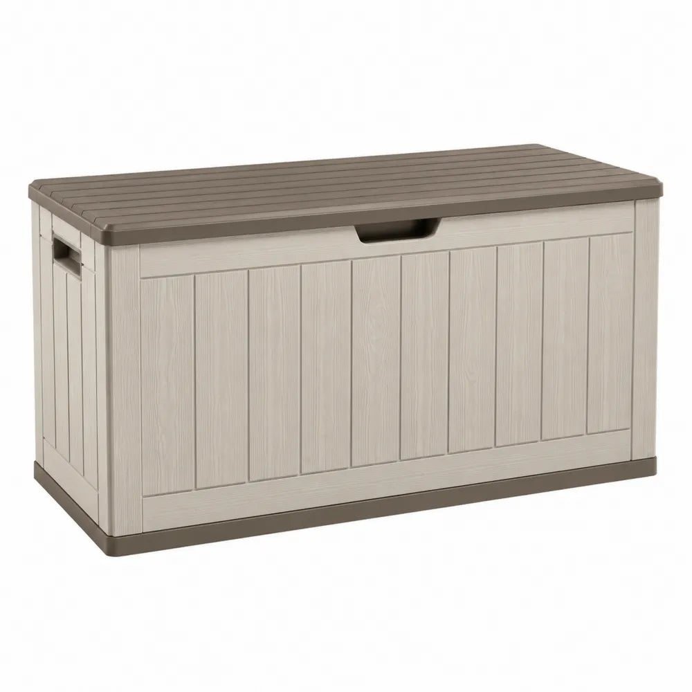 Cassapanca contenitore da esterno rettangolare 120 x 60 x 65 cm in resina PP beige e marrone con coperchio ribaltabile