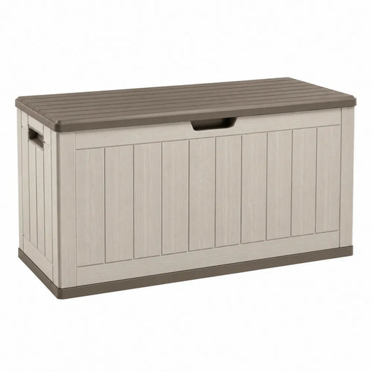 Cassapanca contenitore da esterno rettangolare 120 x 60 x 65 cm in resina PP beige e marrone con coperchio ribaltabile