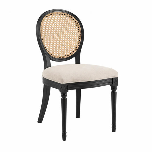 Sedia da pranzo 48 x 55 x 88 cm con struttura in legno massello nero schienale in rattan naturale e seduta imbottita beige