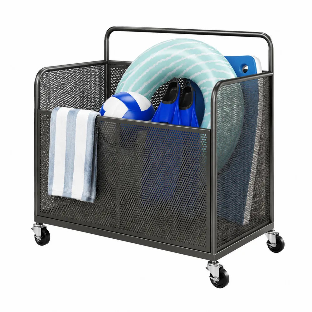 Carrello contenitore su ruote rettangolare 80 x 45 x 70 cm in acciaio verniciato nero con pannelli in rete metallica