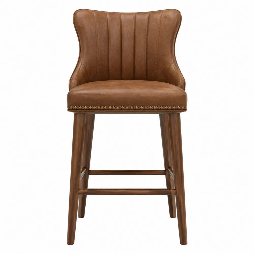 Sgabello da bar fisso 48 cm x 52 cm x 105 cm in pelle PU marrone con struttura in faggio massello e schienale curvo