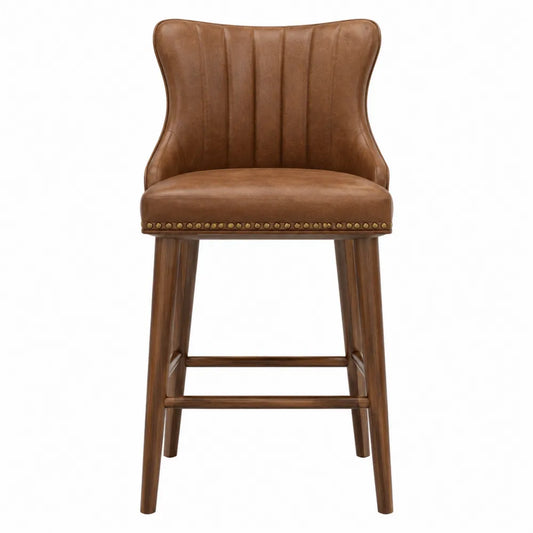 Sgabello da bar fisso 48 cm x 52 cm x 105 cm in pelle PU marrone con struttura in faggio massello e schienale curvo