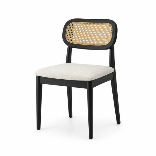 Sedia da pranzo 48 x 55 x 85 cm con struttura in legno massello nero schienale in rattan naturale e seduta imbottita beige