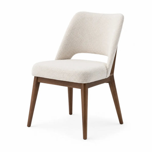 Sedia da pranzo imbottita 50 x 55 x 80 cm in tessuto bouclé beige con schienale aperto e gambe in legno noce